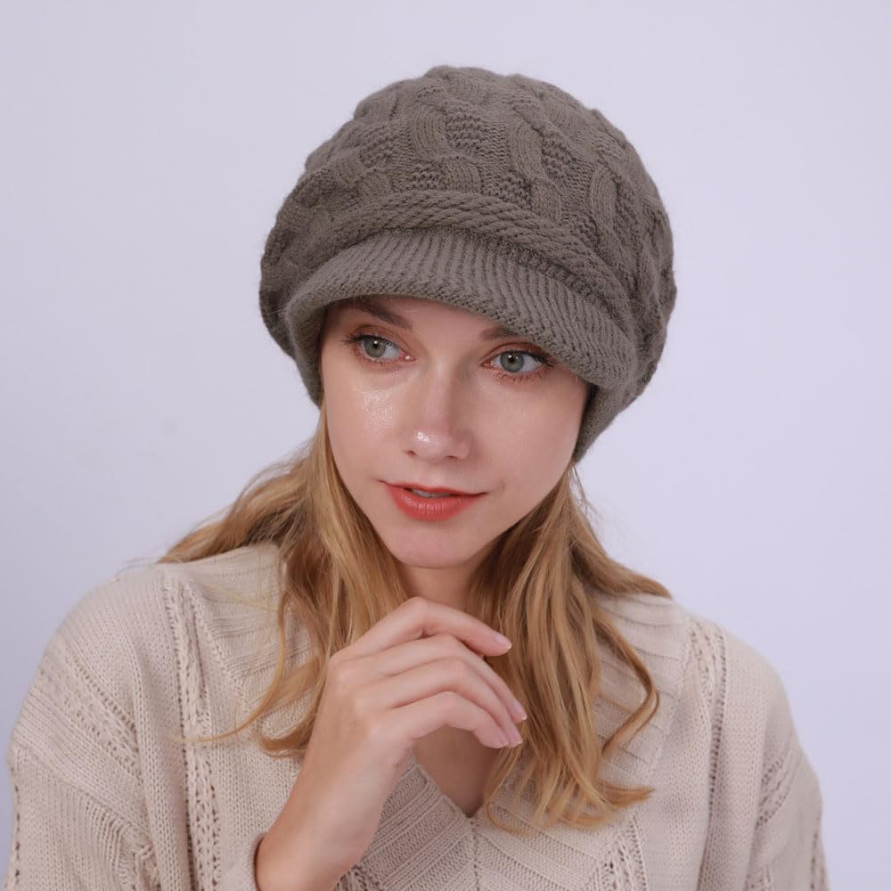 Kangqifen Women Winter Warm Knit Hat Fleece Lined Snow Ski Cap with Visor Khaki