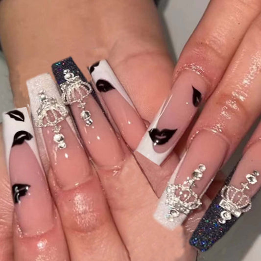 DANMANR Long Press on Nails Square French Fake Nails Full Cover Nude Acrylic False Nails for Women and Girls 24PCS (French Crown Rhinestones)