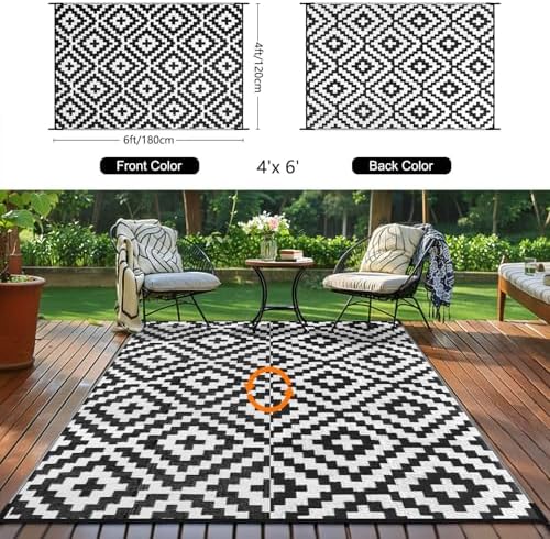 Outdoor Patio Plastic Straw Rug - 4'x6' Outdoor Camping Rug Waterproof Reversible, Area Carpet Patios Clearance RV, Outside Porch Balcony Deck for Camper, Black & White