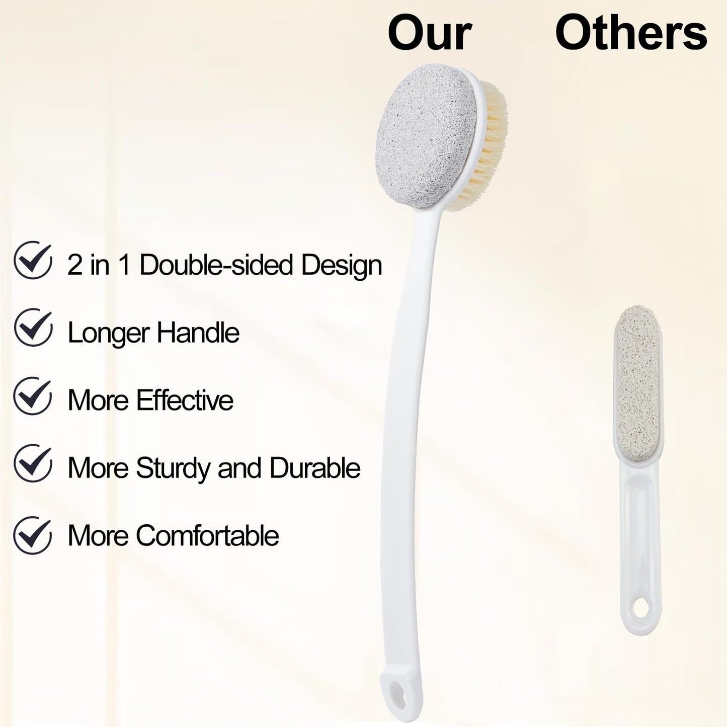 Beomeen Pumice Stone and Shower Brush with Long Handle, 2 Pack Hard Skin Callus Remover, 2 in 1 Foot Scrubber, Back Scrubber for Shower Deep Cleansing and Exfoliating, Dry Brushing Body Brush (Curved)
