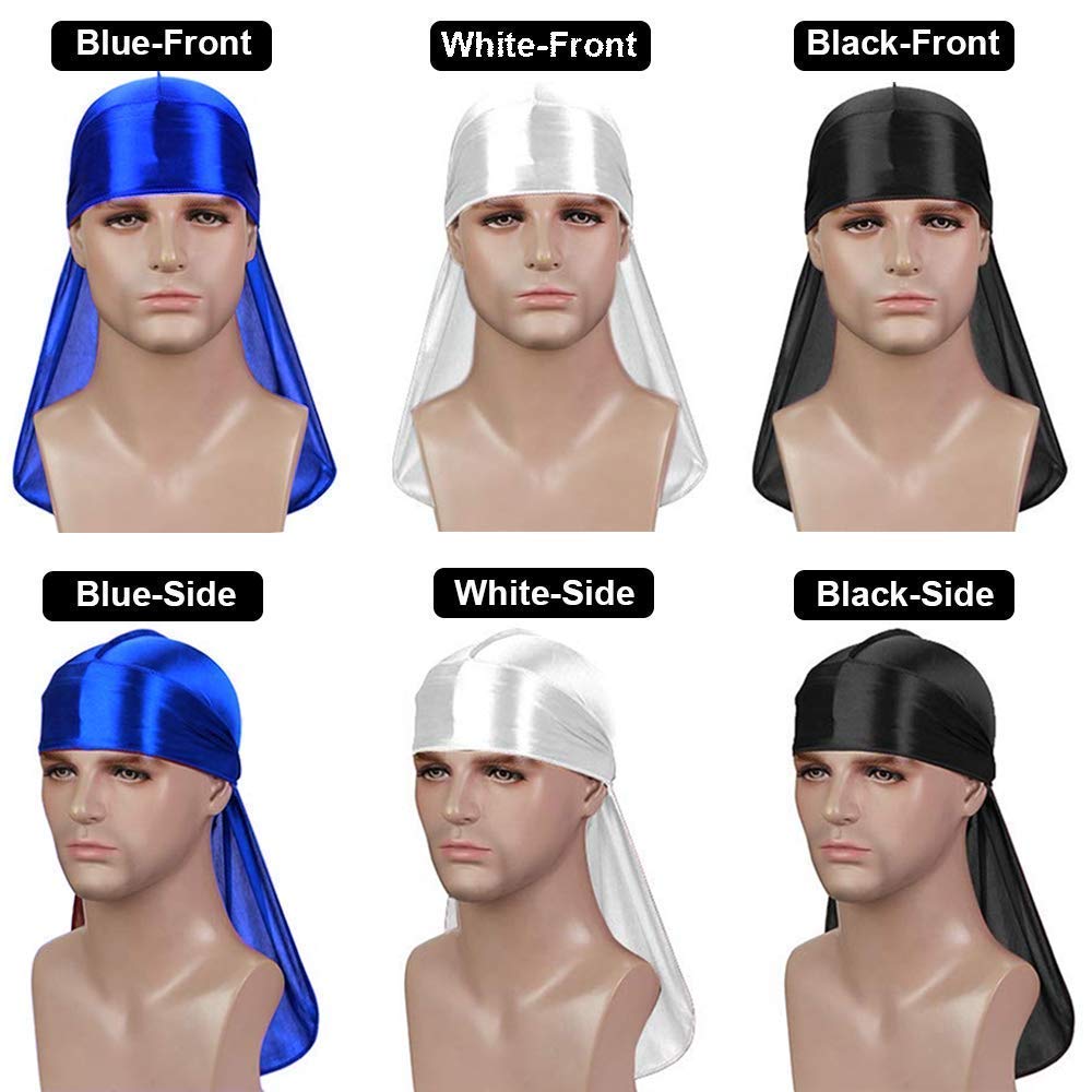 3PCS Silky Durag Pack for Men Waves, Satin Doo Rag for 360 540 720 Waves (Blue+White+Black)
