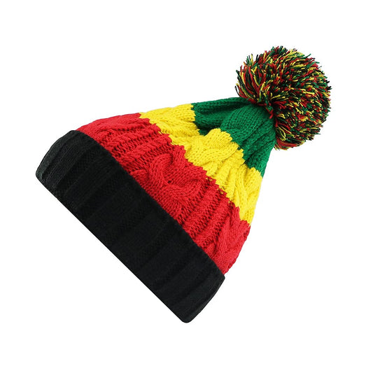 Unisex Jamaica Reggae Beanie Cuff with Pom Pom Long Rasta Slinky Cap Slouchy Baggie Beanie Hat Black
