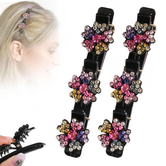 Sparkling Crystal Stone Braided Hair Clips, Women's and Girls' Duckbill Clips (Flower-D)