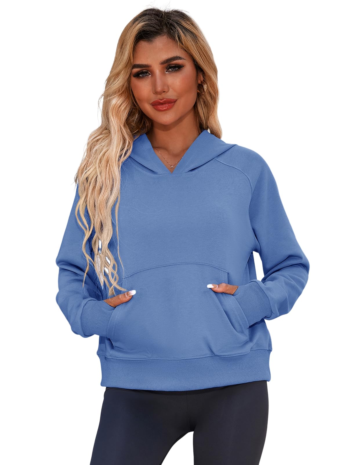 Bellcoco Womens Hoodies Pullover Cropped Sweatshirts Fall Winter Outfits Clothes for Wowen with Pocket Thumb Hole Blue