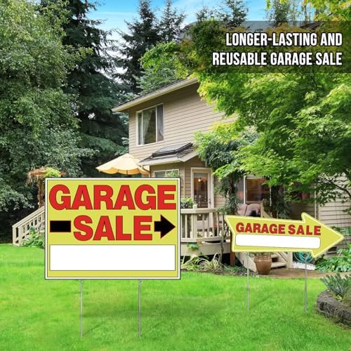 Garage Sale Signs - 3Pack Double Sided Garage Sale Signs & 6Pack Directional Arrow Signs with Metal Stakes - Waterproof Reusable Yard Sale Signs for Outdoor Sales