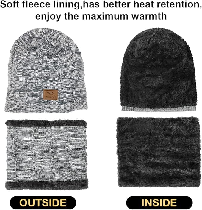 Mens 3 Pieces Winter Warm Beanie Hat Scarf and Touchscreen Gloves Set,Knit Cap Neck Warmer with Fleece Lined (Beanie+Scarf+Gloves(Grey01))