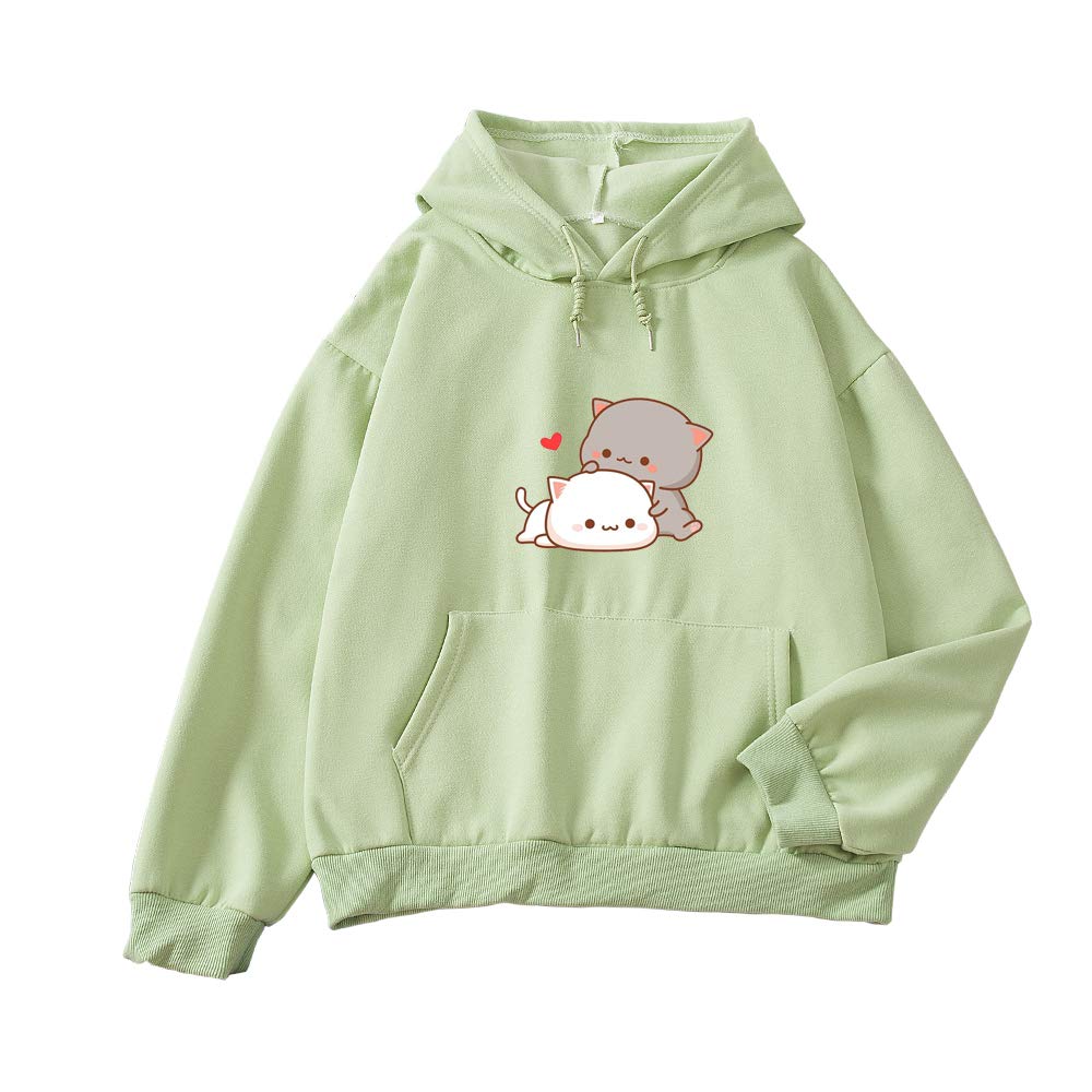 KEEVICI Women Kawaii Cartoon Cute Cat Graphic Casual Cotton Pullover Hoodies Sweatshirt Green