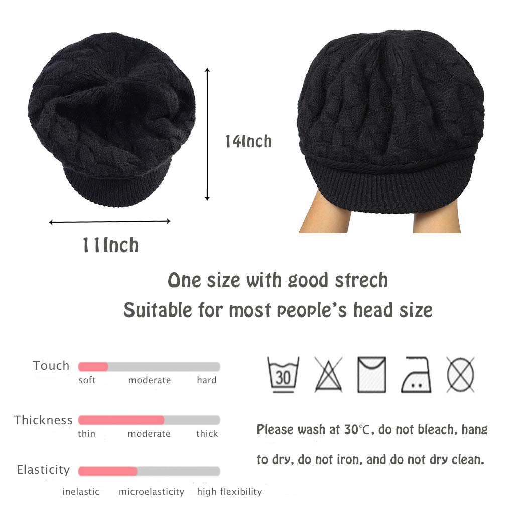 Blufly Winter Hats Cable Knitted Beanie Hat with Visor Beret Ribbed Ski Beanie Cap Slouchy Skull Hat Cap Headwear for Women and Girls (Black)