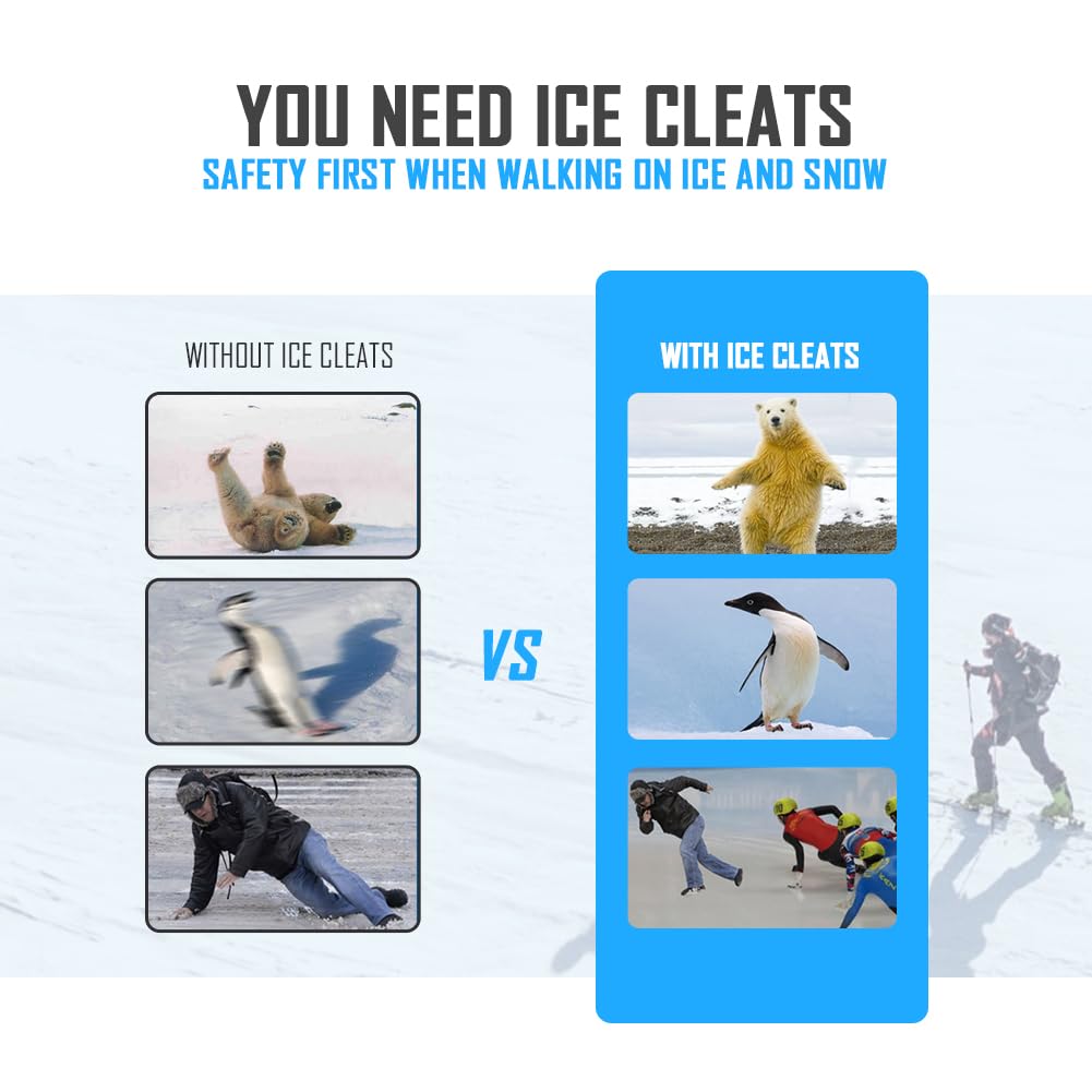 MATTISAM Ice Cleats for Walking on Ice Snow, Crampons Traction Grips Spikes for Shoes Boots, Anti-Slip Flexible Footwear Grippers for Climbing Hiking Fishing Outdoor Running with 2 Adjustable Straps
