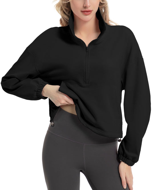 FKEEP Quarter Zip Pullover Women Cropped Sweatshirt Long Sleeve Crop Top Stand Collar Drawstring Casual Pullover Black