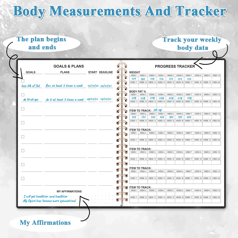 Workout Journal - A5 Fitness Journal/Workout Log Book to Track Weight Loss, GYM Journal, Bodybuilding Progress-Daily Health/Wellness Tracker, Exercise Journal for Women, Black PU Cover Fitness Planner