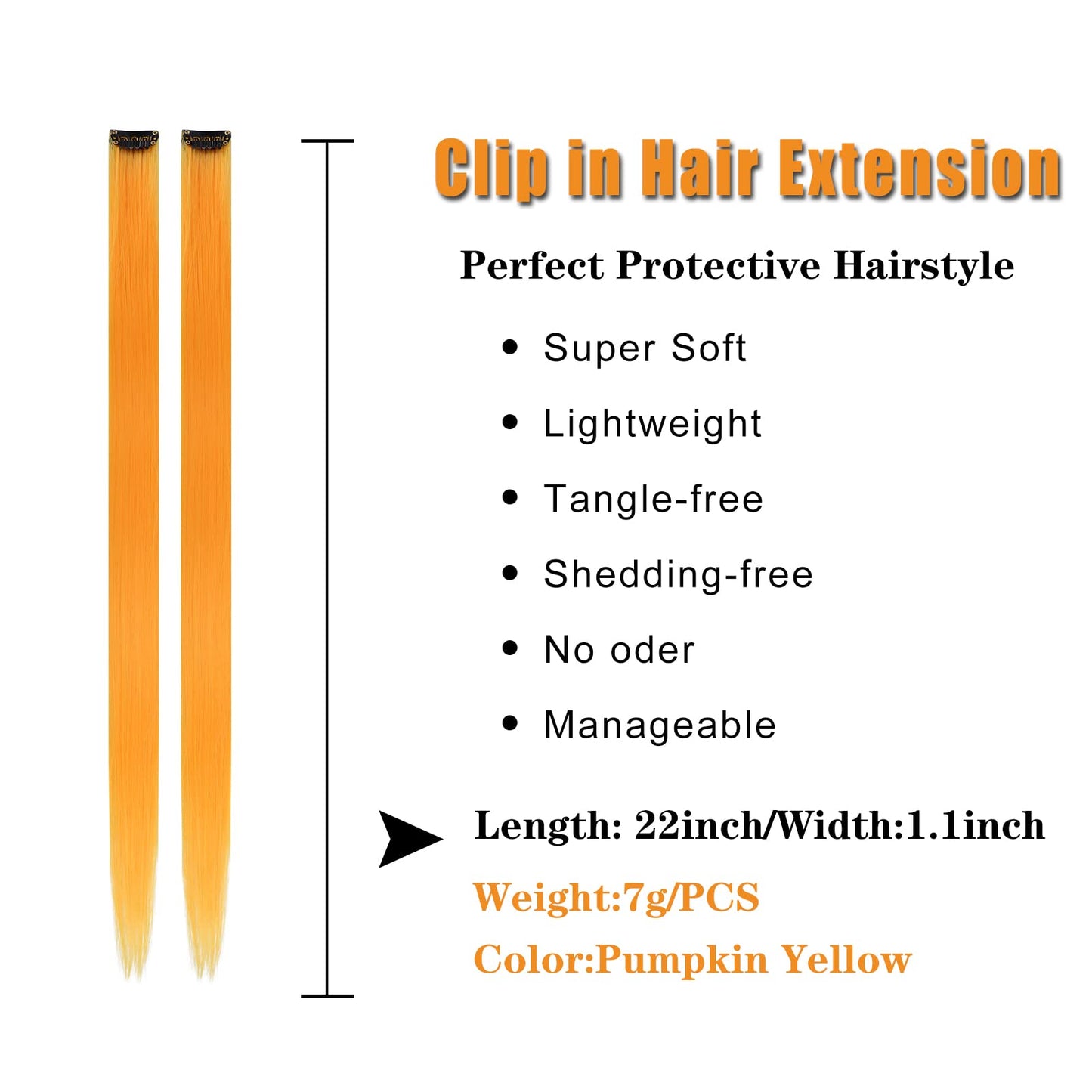 12PCS Colored Pumpkin Yellow Hair Extensions Party Highlights Colorful Clip in Hair Extensions 22 Inch Straight Synthetic Hairpieces for Women Kids Girls Halloween Christmas Cosplay(Pumpkin Yellow)