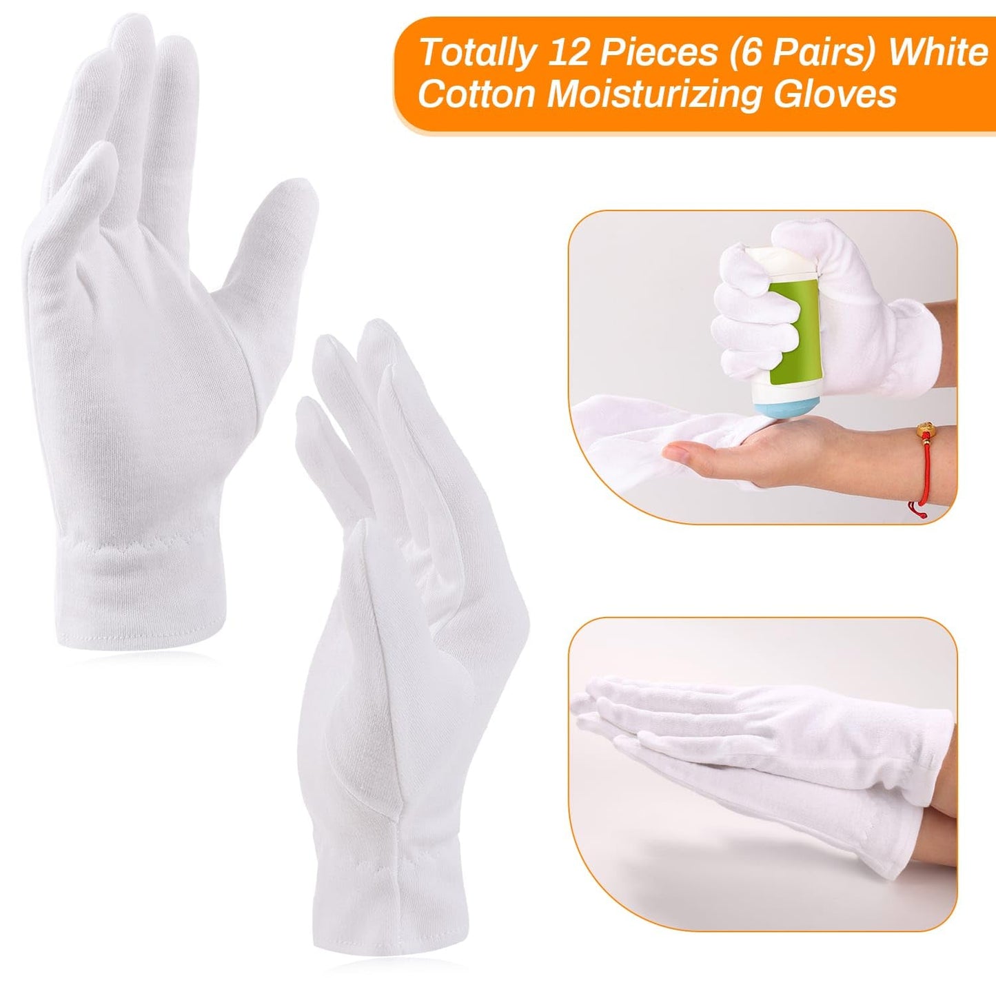 Selizo 6 Pairs 100% White Cotton Gloves for Eczema, Moisturizing Gloves for Dry Hands Overnight Women, Moisture Sleeping Spa Lotion Hand Cream Gloves for Eczema Dry Cracked Hands Sensitive Skin