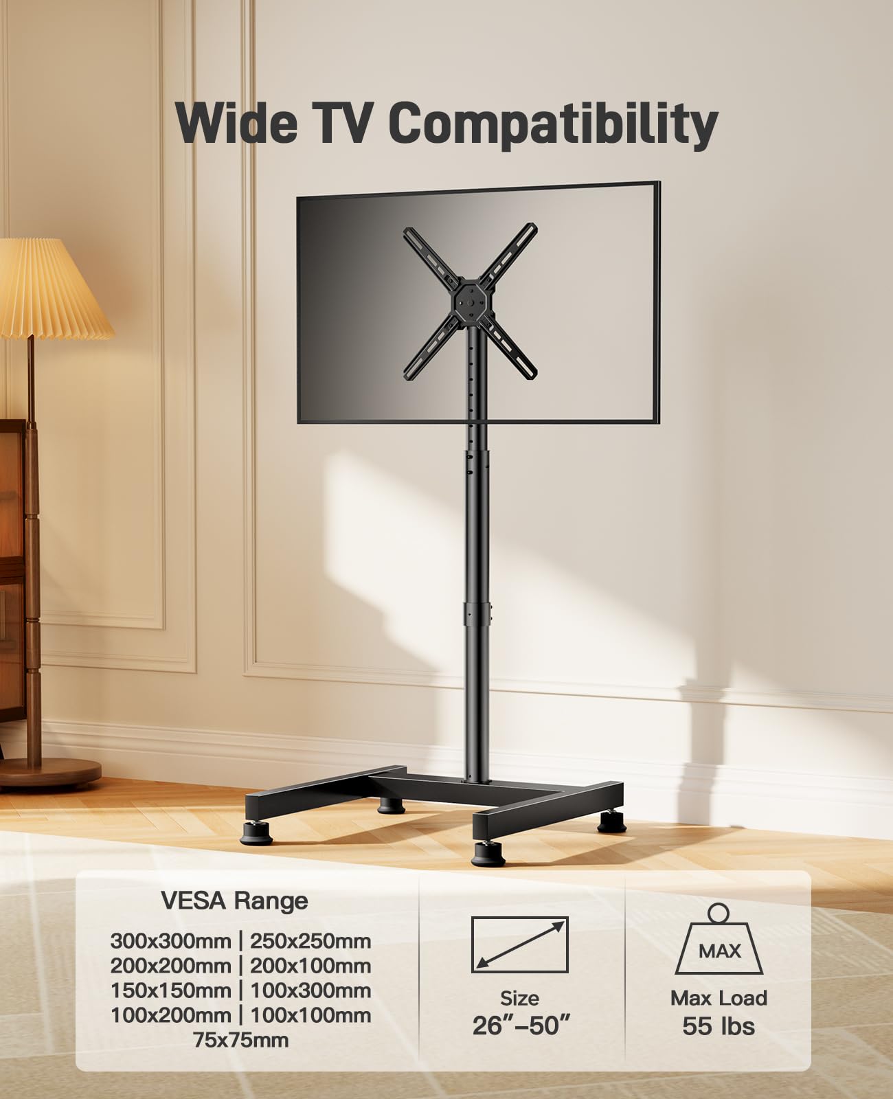 Perlegear Floor TV Stand with Mount for 26-50 inch TVs up to 55 lbs, TV Floor Stand with Rotation, Tilt, Level, Height Adjustable TV Stand for Bedroom/Living Room, Max VESA 300x300mm, PGFS12