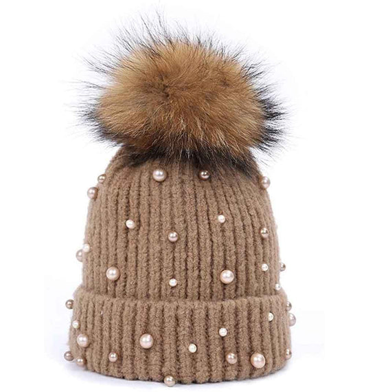 Winter Knitted Beanie Hat Faux Fur Ball Pearls Beaded Faux Pom Poms Hat Womens Warm Cap Brown