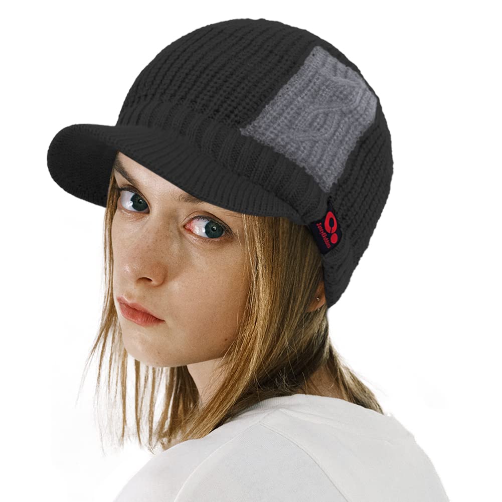 Women's Contrast Patch Visor Beanie Winter Knit Hat with Birim Fleece Lining Baseball Cap (Black), One Size-Medium