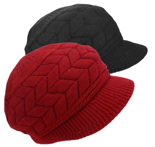 Womens Winter Hats, Wool Beanie for Women with Visor, Ladies Warm Knitted Hat for Fall & Cold Weather Knit Caps W-WS-H1 (US, Alpha, Medium, Set 2 - Black & Burgundy)