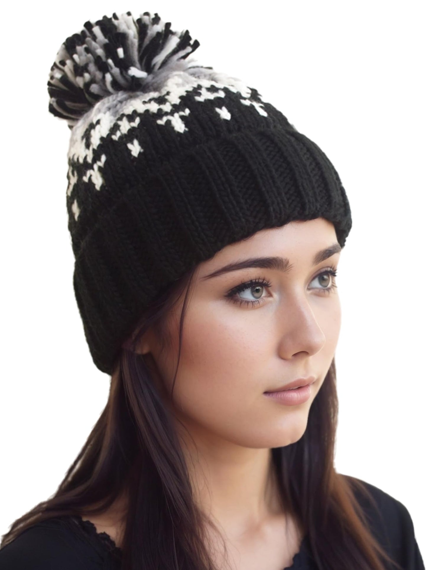 AICHUAN Winter Knit Beanie Hat with Pom Pom Vintage Woolen Warm Hat for Women Soft Stretch Ski Cap Black