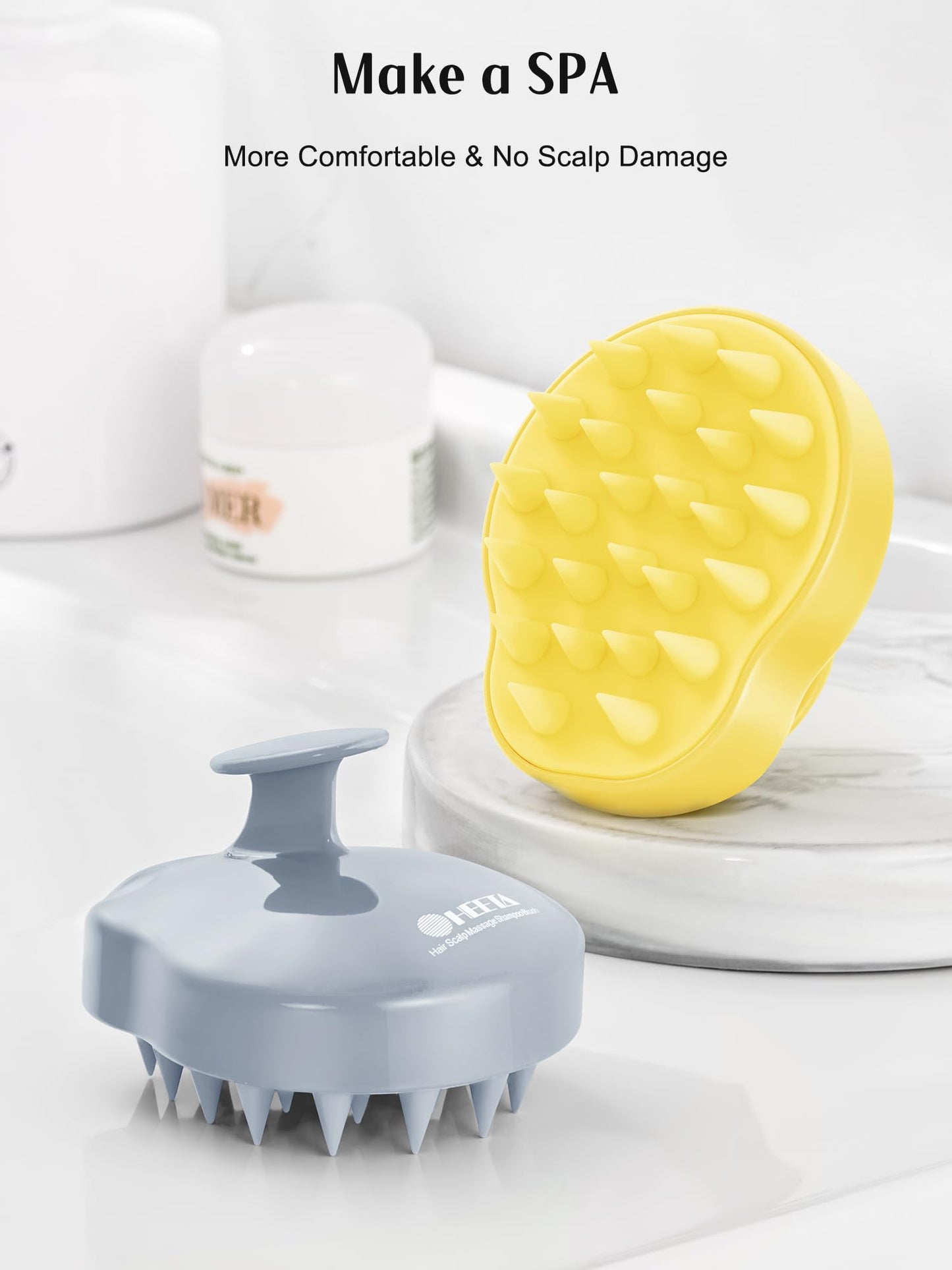 HEETA Hair Scalp Massager Shampoo Brush 2 Pack, Soft Silicone Bristles to Remove Dandruff, Waterproof Hair Scrubber for Both Wet Dry Hair, Suitable for Men & Women (Yellow & Gray)