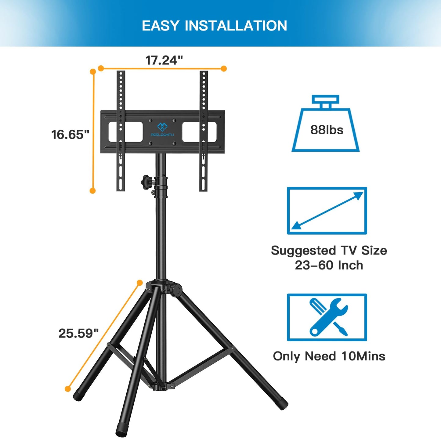 PERLESMITH TV Tripod Stand-Portable TV Stand for 23-70 Inch LED LCD OLED Flat Screen TVs-Height Adjustable Display Floor TV Stand with VESA 400x400mm, Holds up to 88lbs PSTM1