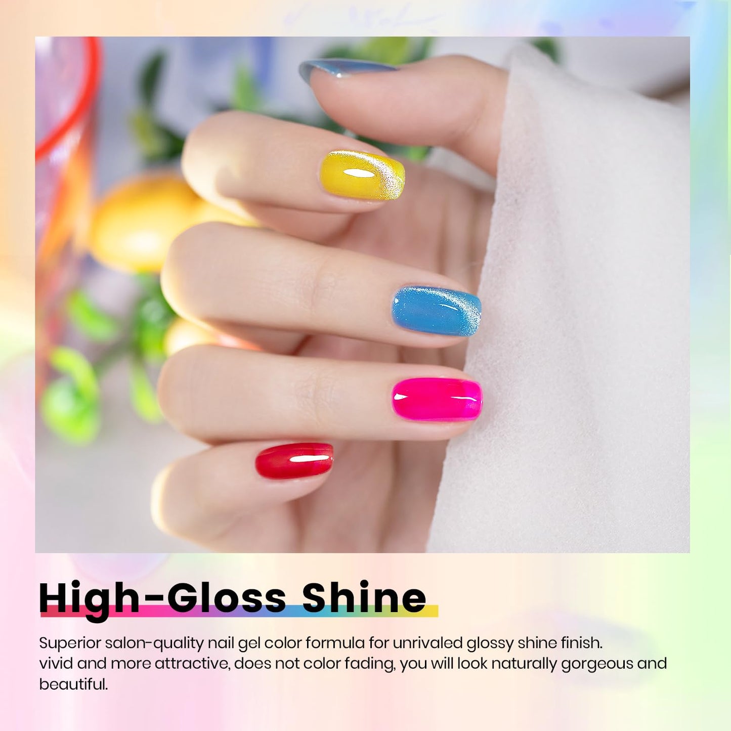 RARJSM Glaze Glass Metallic Cat Eye Gel Nail Polish Set Neon Amber Colors Bright Red Blue Yellow Rose Purple with Diamond Silver Cateye Metallic Silver Gelpolish UV LED Curing Requires Home Salon Diy