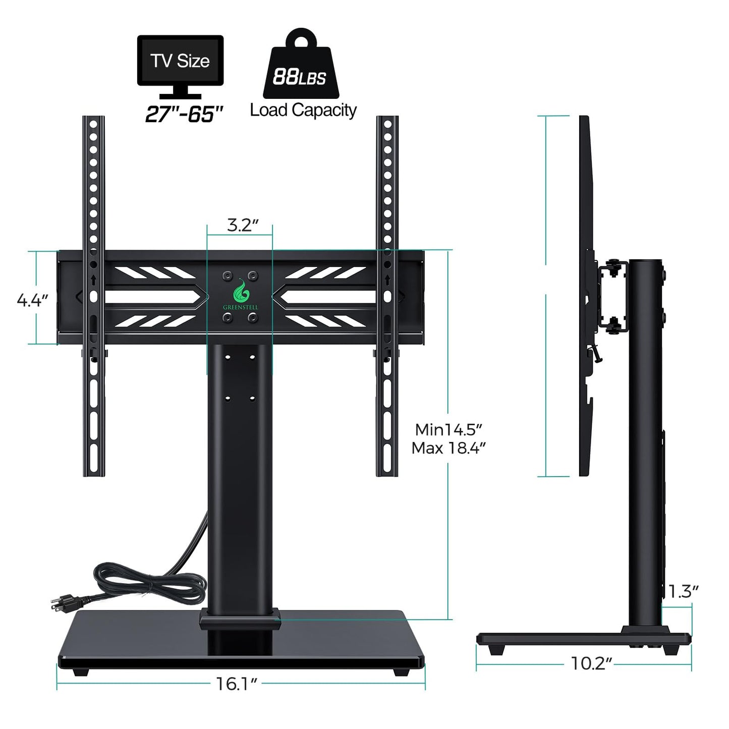 Greenstell TV Stand with Power Outlet, Universal TV Mount Stand for 27-65 inch TVs, Height Adjustable, Swivel Table Top TV Stand with Tempered Glass Base, Holds up to 88 LBs, Max VESA 400x400mm