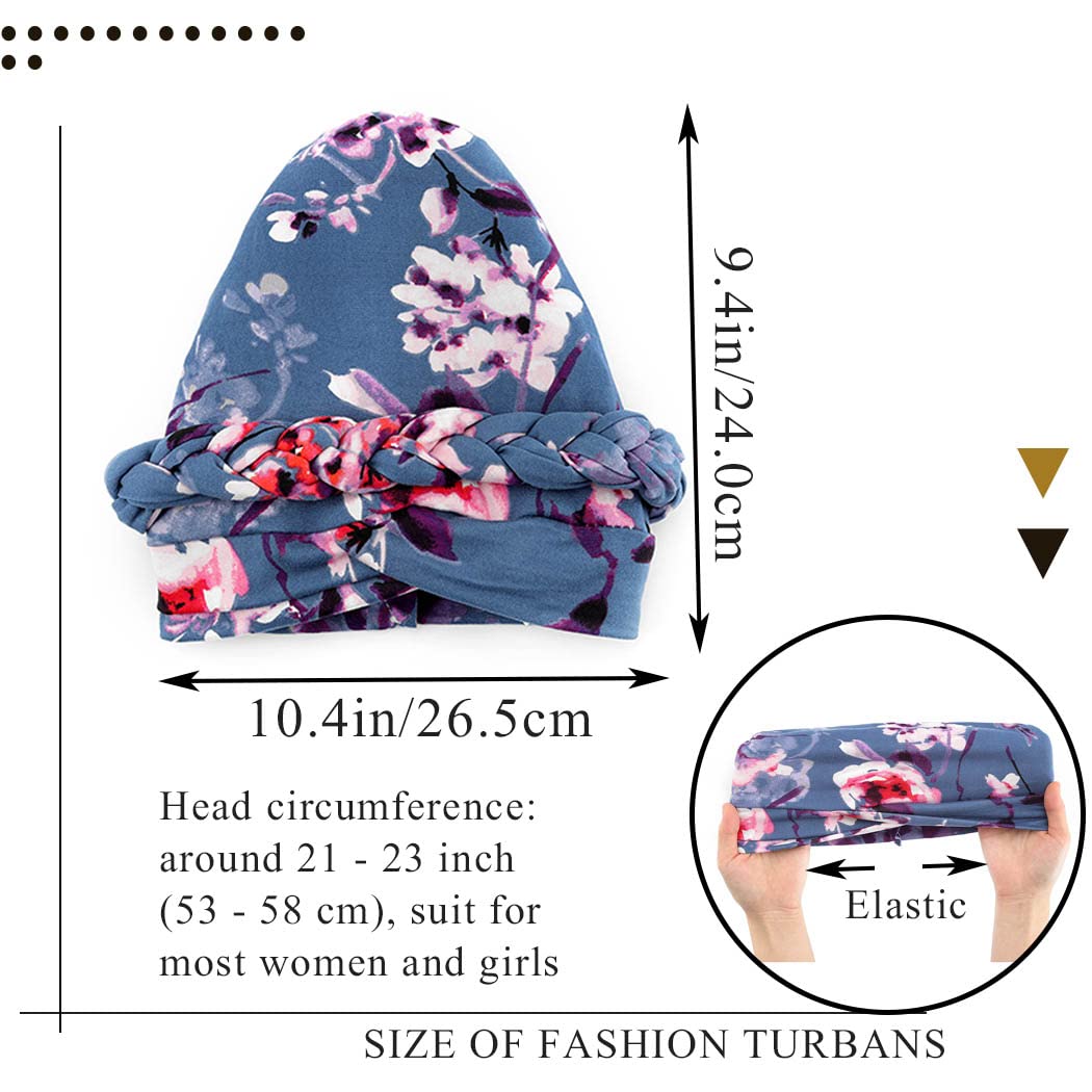 Woeoe African Turbans Blue Braid Stretch Headwear Print Pattern Head Scarf Pre-Tied Beanie Cap Head Wraps for Women and Girls(Pack of 2)