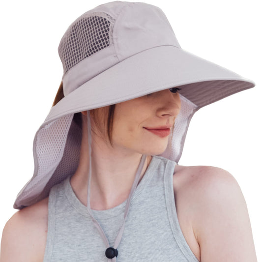 Womens Sun Protection Hat Foldable Waterproof Fishing Hat Women Neck Flap Wide Brim Gardening Hat with Ponytail Hole for Women Light-Gray