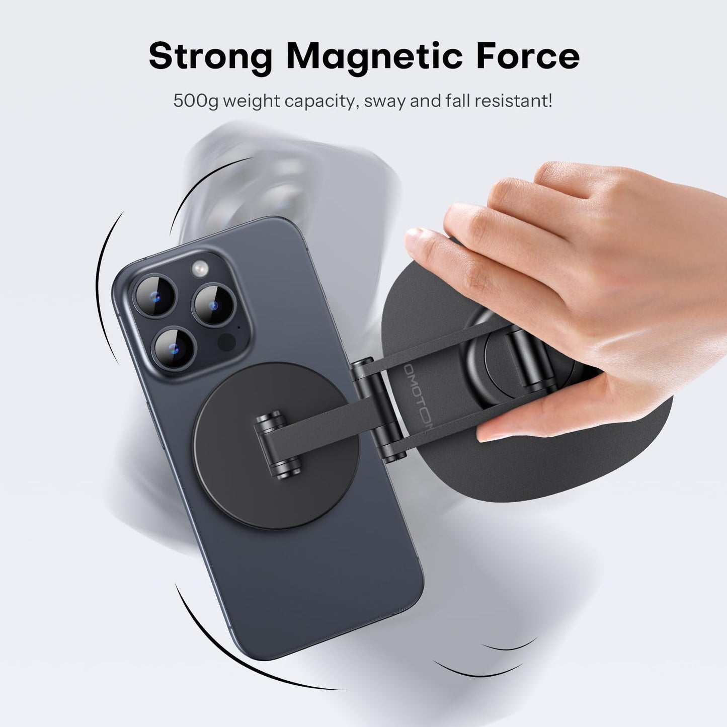 OMOTON 360°Rotating Magnetic Phone Stand for Desk, Adjustable Foldable Aluminum for MagSafe Cell Phone Stand Holder with Non-Slip Base, for iPhone 16/15/14/13 Pro Max/MagSafe Case- Black