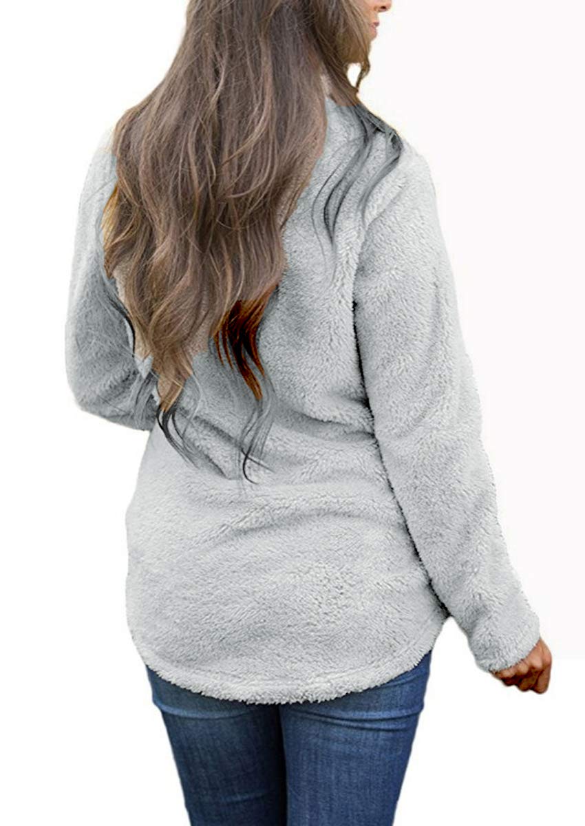 FOURSTEEDS Women's Fuzzy Fur Sherpa Lined Warm Winter Pullover Thermal Sweatshirt Tunic Tops Light Gray XS