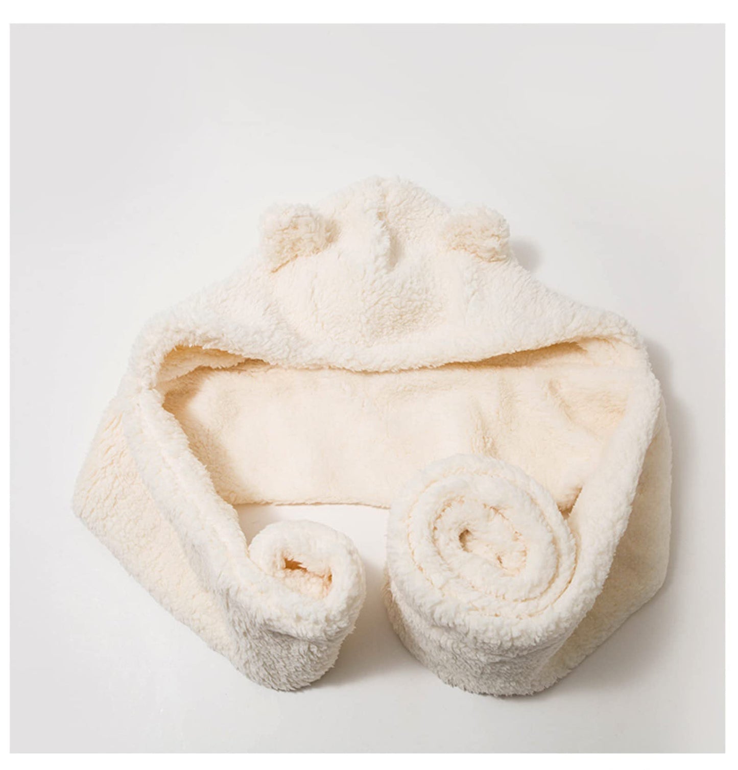 Women Kawaii Bear Ear Beanie Hat Scarf 2 in 1 - Cute Winter Warm Sherpa Thicken Fleece Fuzzy Japanese Fluffy Knit Hat Cap (White)