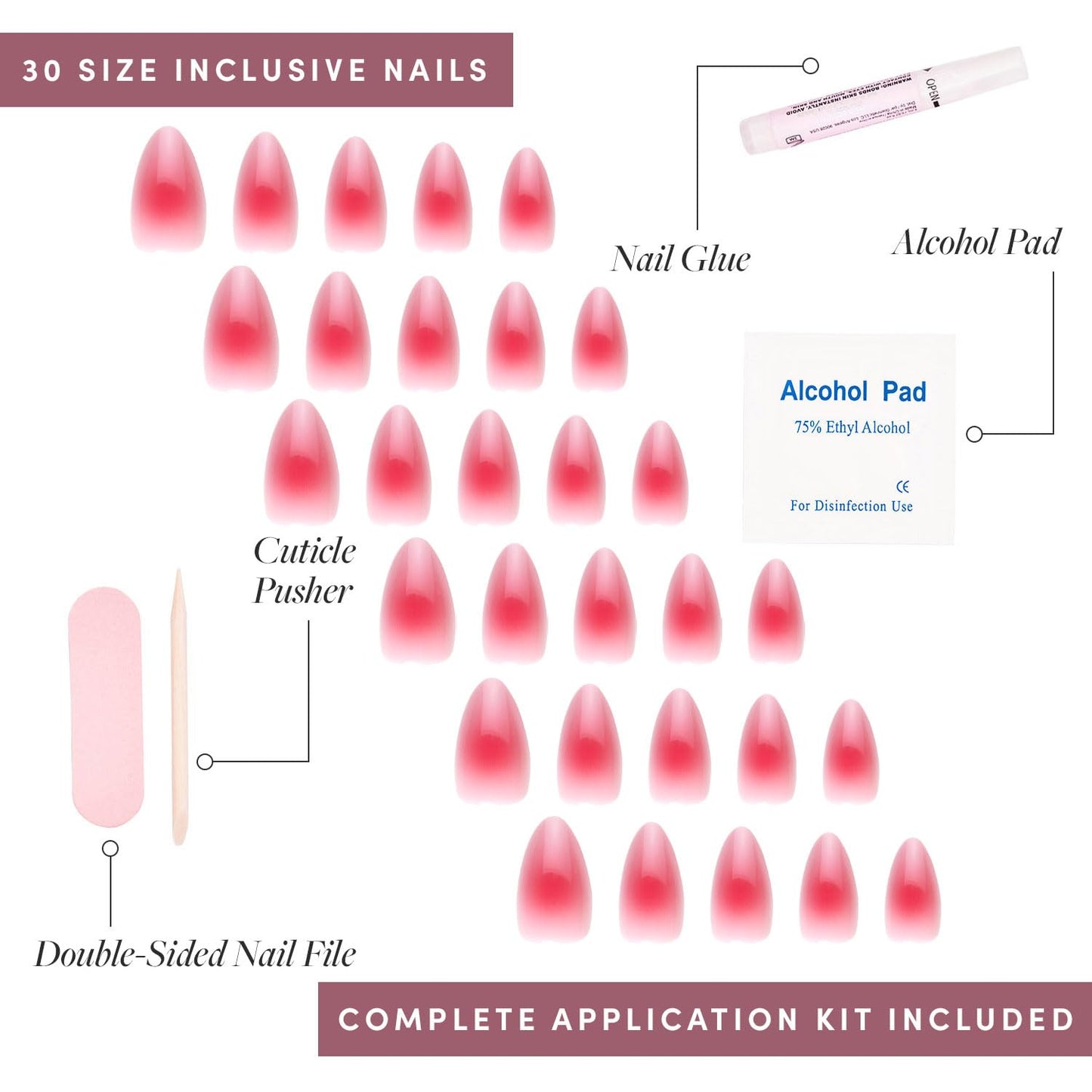 Glamnetic Press On Nails - Blushing Aura | Short Almond Trendy Pink with Ombre Center Nails in a Glossy Finish | 15 Sizes - 30 Nail Kit with Glue