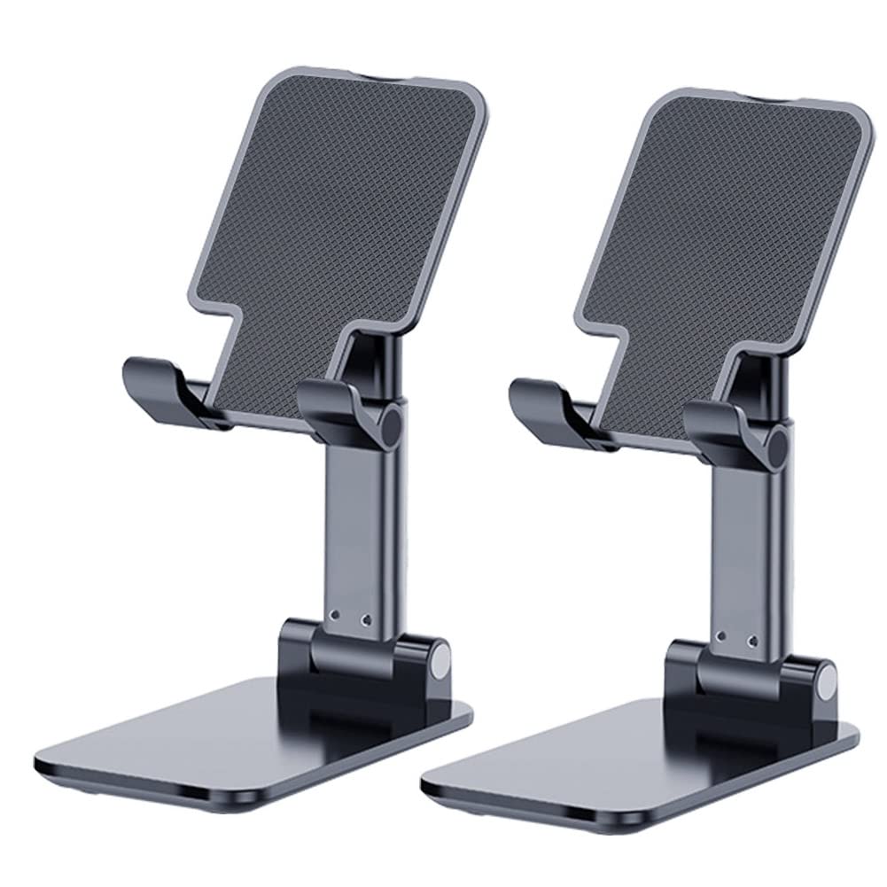 OGMAPLE Phone Stand for Desk, 2 Pack MT-6 Desk Phone Holder Stand for Office Universal Smart Phone Holder Foldable & Height Adjustable Cellphone Stand Compatible Under 8” Device, Black