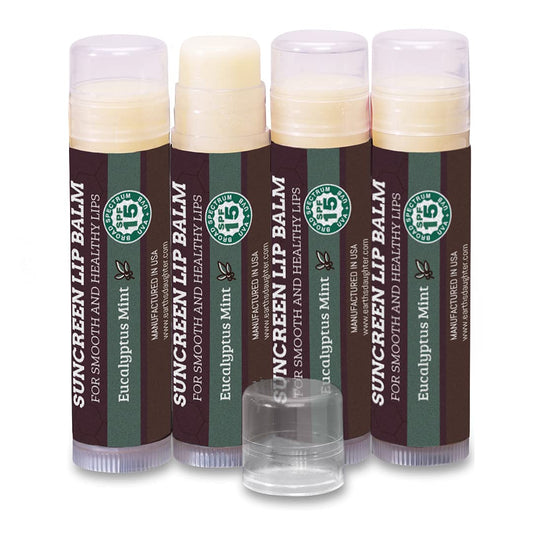 Earth's Daughter SPF Lip Balm Eucalyptus Mint 4-Pack - Lip Sunscreen, SPF 15, Organic Ingredients, Beeswax, Coconut Oil, Vitamin E - Hypoallergenic, Gluten Free