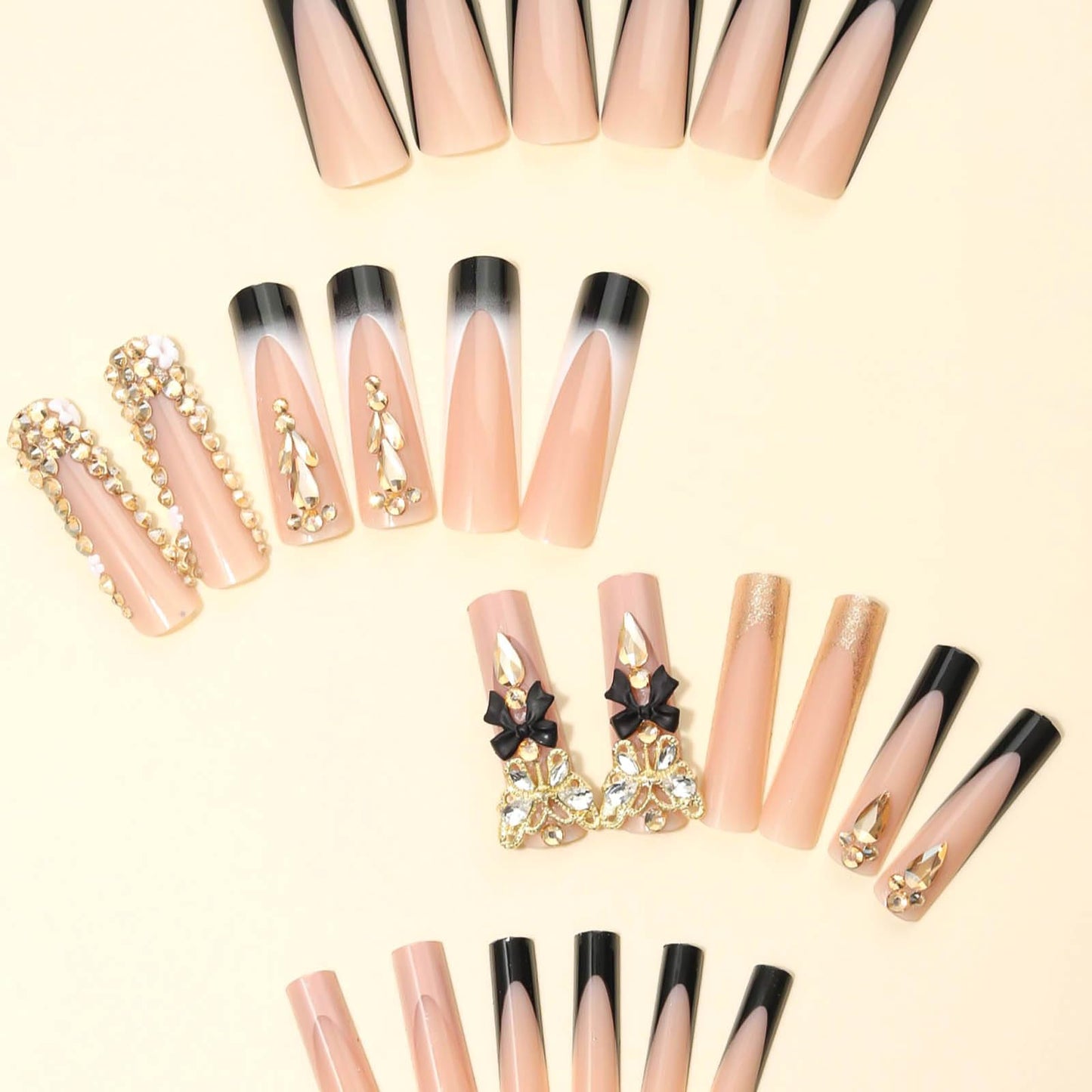 RUOKEXIN Black French Tip Fake Nails - Square False Nails with Gold 3D Butterfly Designs, Glitter Glue, Black Bow, Cute Stick On Nails for Women - 24Pcs