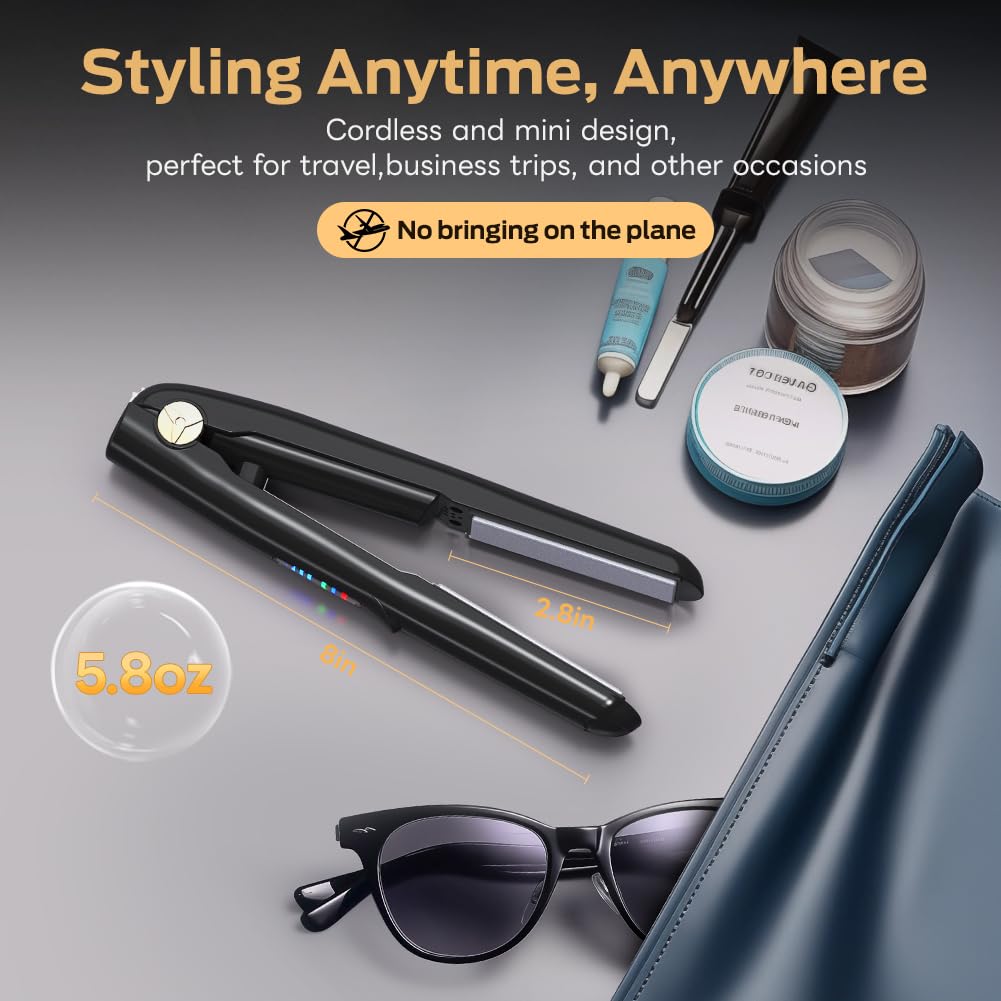 Cordless Hair Straightener and Curler 2 in 1 Ceramic Flat Iron Mini Wireless Portable Travel Hot Tools Straight Curl for Women Men USB Rechargeable with Pouch (Black)