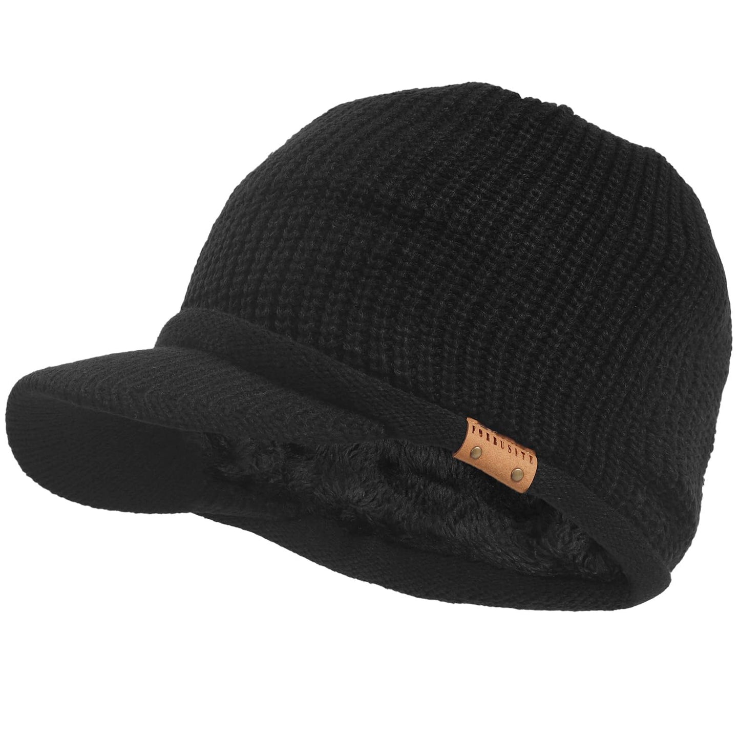 Winter Visor Beanie Men and Women Cold Weather Thick Fleece Knitted Hat with Bill(B326-Black)