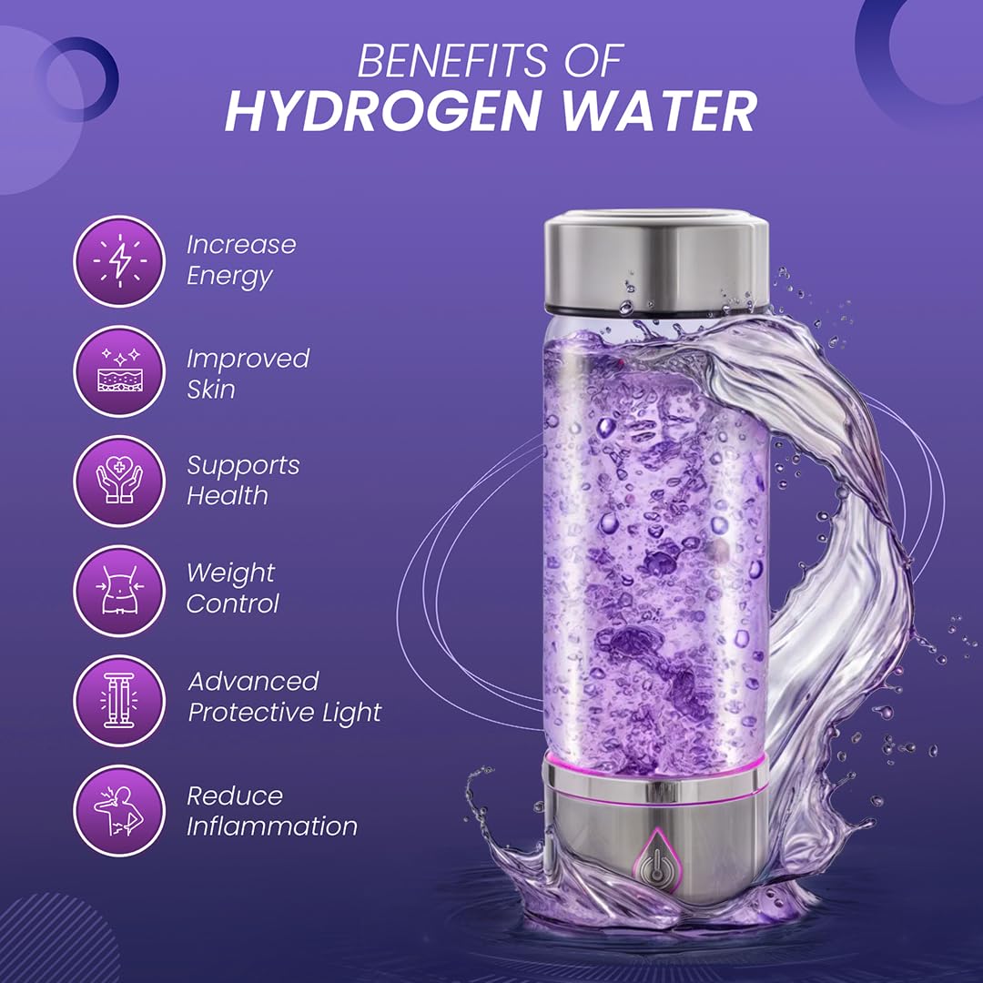 H3O Hydrogen Water Bottle - Hydrogen-Infused Water Machine with Built-in Purple Protective Light - Portable Water Ionizer for Hydration, Energy, Sleep Quality - 3000PPB Hydrogen Ions per Cycle