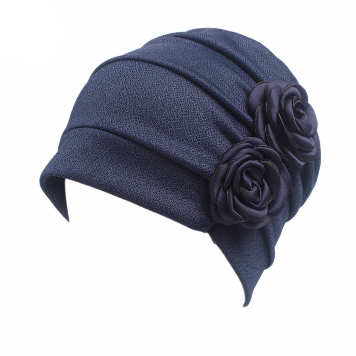 HONENNA Ruffle Chemo Turban Headband Scarf Beanie Cap Hat for Cancer Patient (Wine+Navy Blue)