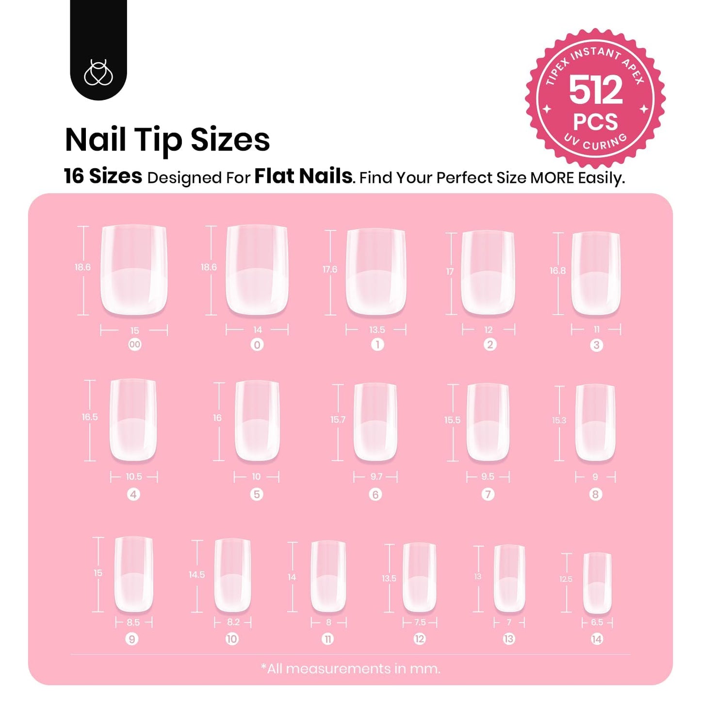 Beetles Tipex Instant Apex Nail Tips-Extra Short Square Pre-Building & Pre-Etched Strong Thick Acrylic,16 Sizes, Press on Nails 512 Pieces