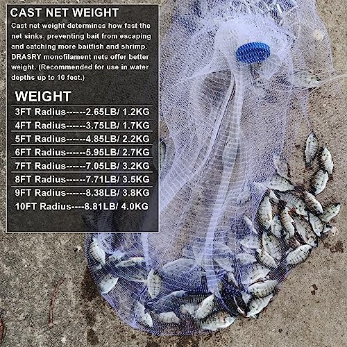 Drasry Saltwater American Fishing Cast Net 3/8inch Mesh Size for Bait Shrimp Trap Fish Heavy Duty Sinkers Throw Net 3FT to 12FT Radius 3FT Radius