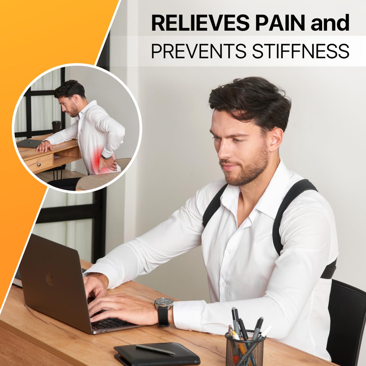 HALLWAY STORIES Adjustable Back Brace Posture Corrector for Women and Men (33-42"), Upper Back and Shoulder Straightener, Relieves Neck and Shoulder Discomfort, Ostomy Belts, Black