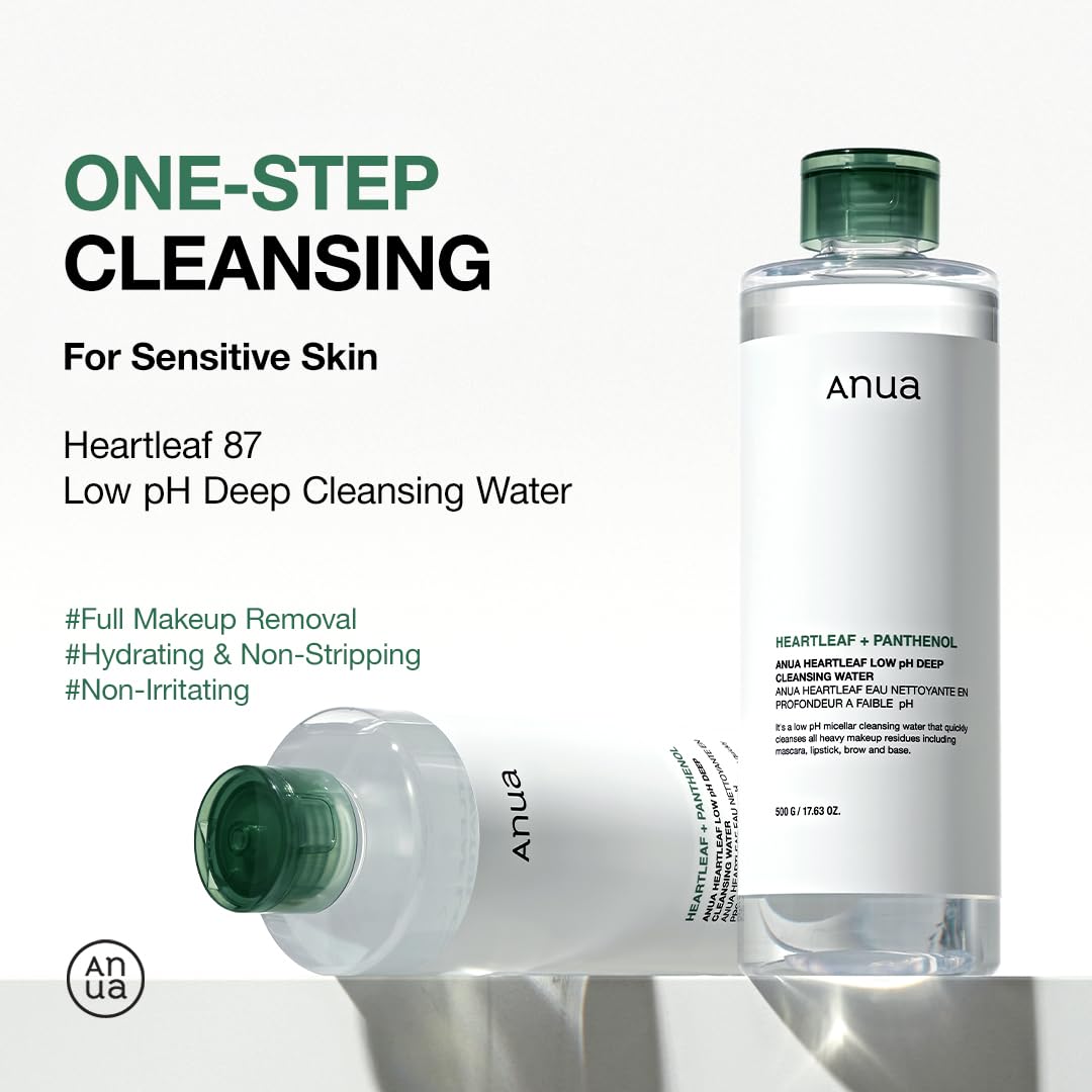 ANUA Heartleaf Low pH Deep Cleansing Water, Micella Water, Panthenol, Squalane, Makeup Remover for Sensitive Skin, Korean Skin Care (500g, 17.63 oz.)
