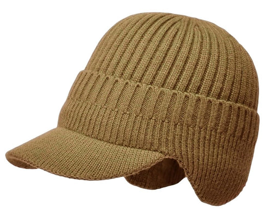 MINAKOLIFE Men's Winter Visor Beanie Hat with Earflaps Knit Baseball Cap with Brim Ski Hat Warm Fleece Lined Hunting Hat (Beige)