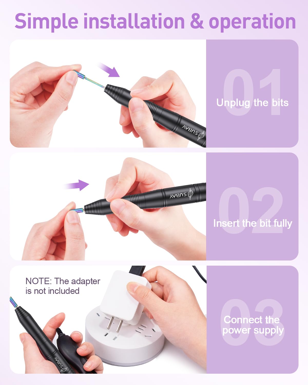 Subay Acrylic Nail Drill, Electric Nail File for Acrylic Gel Nails, Portable USB Nail Drill Machine with 6 Nail Drill Bits and 26 Sanding Bands for Nail Technicians Manicure Pedicure - Black