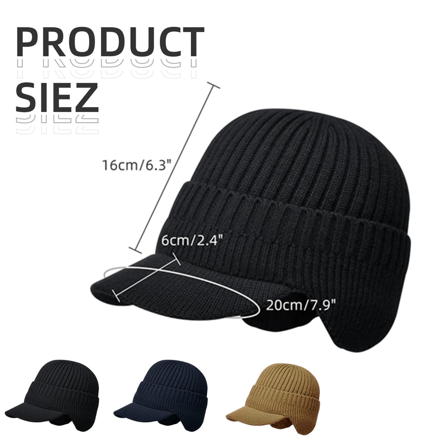 AkiiGer Men's Winter Hat with Brim 2 Pack, Warm Earflaps Hat for Men, Thick Fleece Lined Knit Beanie Outdoor