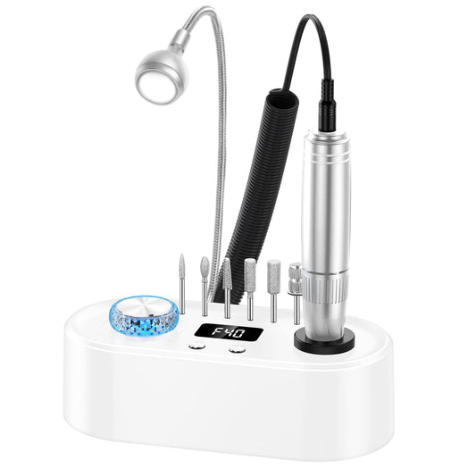 Electric Nail Drill Machine, 40000RPM Professional E File Nail Drill Kit for Gel Acrylic Nails,High Speed Low Vibration Low Heat Nail Grinding with LED Light, 7 Bits, F/R Rotation, LCD Screen (White)