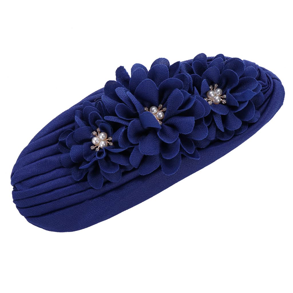 YYAOJHAO Women Flower Turban hats - Ruffle Pre tied Headwrap Caps Chemo Beanies Hijab Headscarf for Cancer Patient Hair Loss (Polyester, Blue)