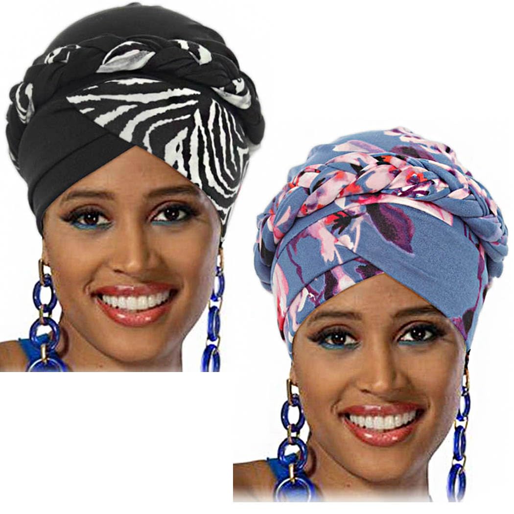 Woeoe African Turbans Blue Braid Stretch Headwear Print Pattern Head Scarf Pre-Tied Beanie Cap Head Wraps for Women and Girls(Pack of 2)