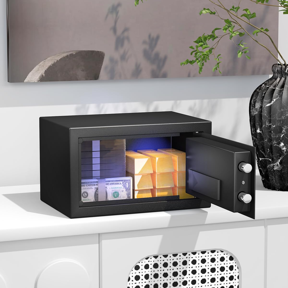 SamYerSafe Safe Box with Sensor Light,Security Lock Box， Steel Construction Hidden Electronic Safe with Lock，0.4 Cubic Feet ，Wall or Cabinet Anchoring Design for Home, Black